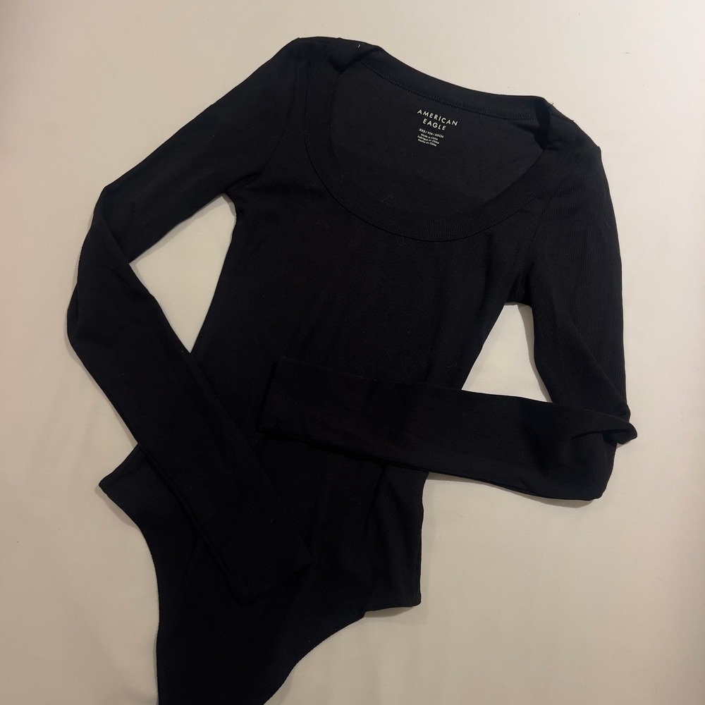 American Eagle Black Ribbed Long Sleeve Scoop Neck Bodysuit‎ Womens XXS